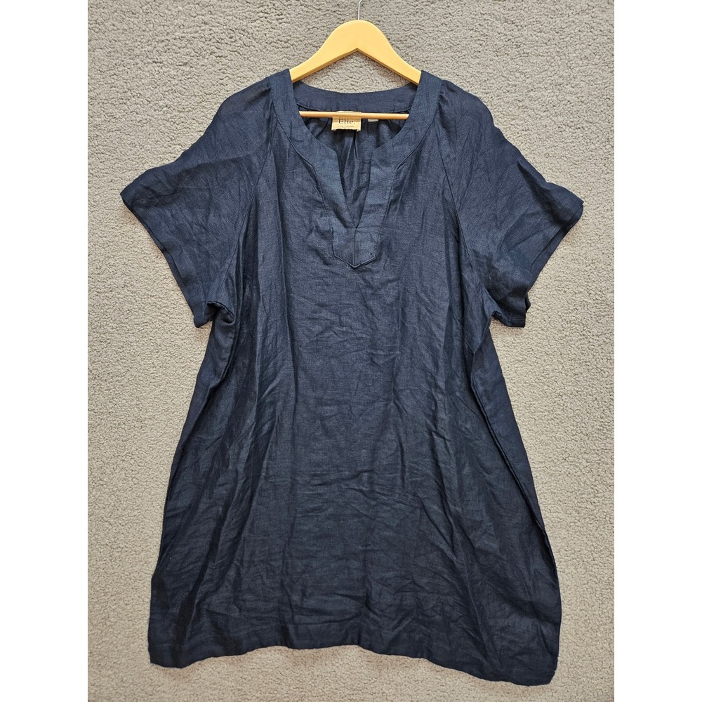 Elie Tahari Woman Tunic Dress 1X Blue 100% Linen Split Neck Coastal Lagenlook